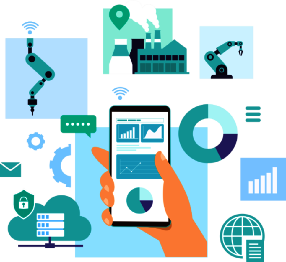 Illustration: Verschiedene Roboterarme, eine Hand mit einem Smartphone, auf dessen Display Diagramme zu sehen sind, umgeben von verschiedenen Symbolen und Diagrammen.