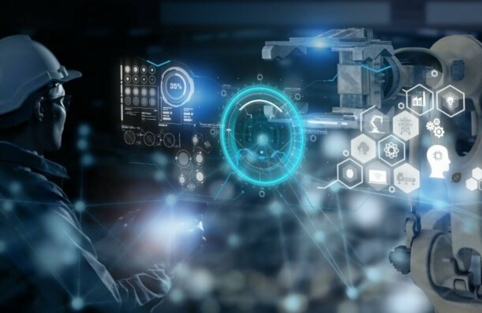 Futuristic depiction of process technology for press hardening, with an engineer holding an iPad to control a robotic arm, and a virtual display of key metrics overlaying the scene.