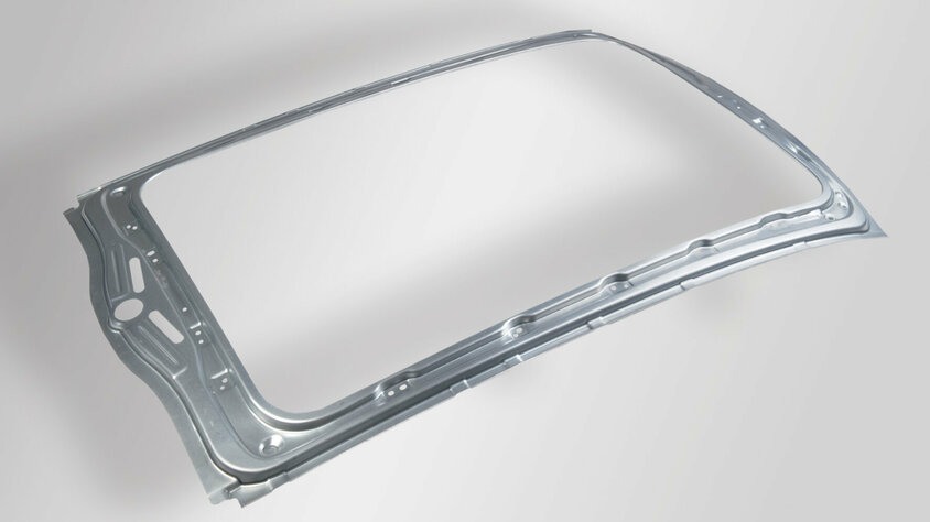 Karosserieverstärkungsrahmen aus der Linienwerkzeugfertigung Verstärkungsrahmen aus Stahlblech, hergestellt mit einem Linienwerkzeug in der Kaltumformung.