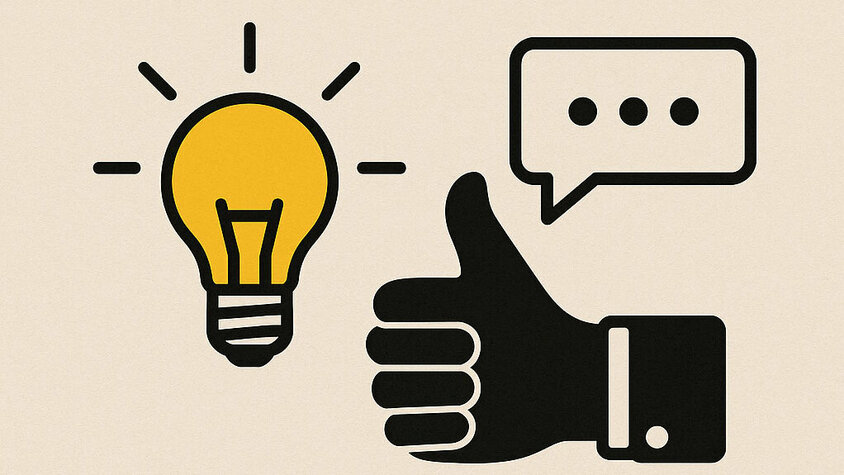 Gute Ideen willkommen. Symbolgrafik mit Glühbirne, Daumen hoch und Sprechblase, dazu Text „Gute Ideen willkommen“.