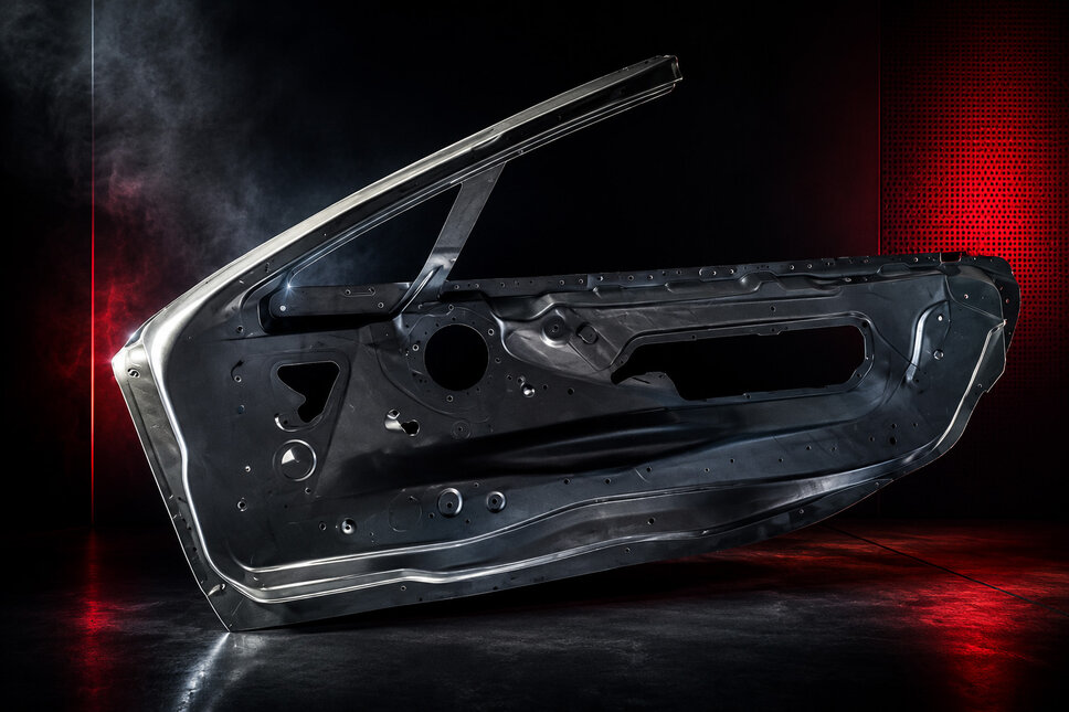 Carbon fiber inner door structure with complex geometry and integrated mounting points for use in automotive lightweight design.