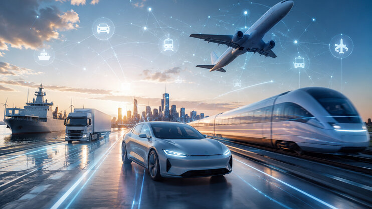 Futuristic mobility scene featuring an electric vehicle, high-speed train, truck, ship, and aircraft in front of a modern skyline. Digital networks and connected transportation symbols represent innovative mobility solutions and future technologies across the automotive, rail, aerospace, and logistics sectors.