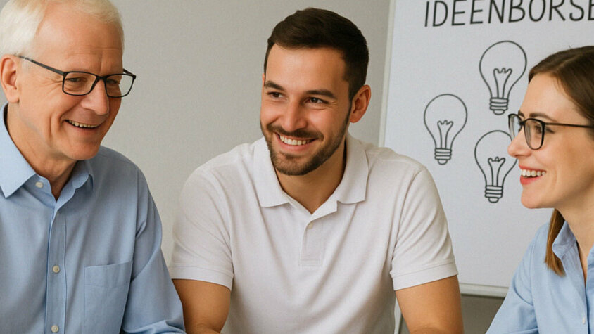 Mitarbeiter bringen Ideen ein – weba Ideenbörse Drei Mitarbeiter sitzen an einem Tisch und diskutieren, im Hintergrund ein Flipchart mit der Aufschrift „Ideenbörse“ und gezeichneten Glühbirnen.