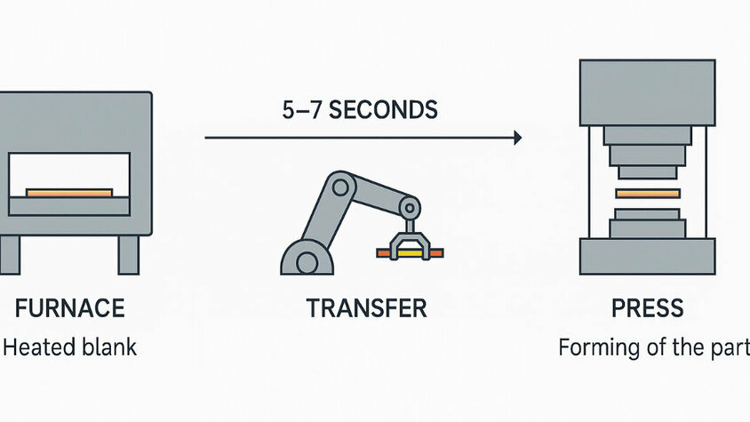 Prozesskette Warmumformung: Ofen – Transfer – Presse Schematische Darstellung des Warmumformprozesses mit Ofen, Transferarm und Presse.