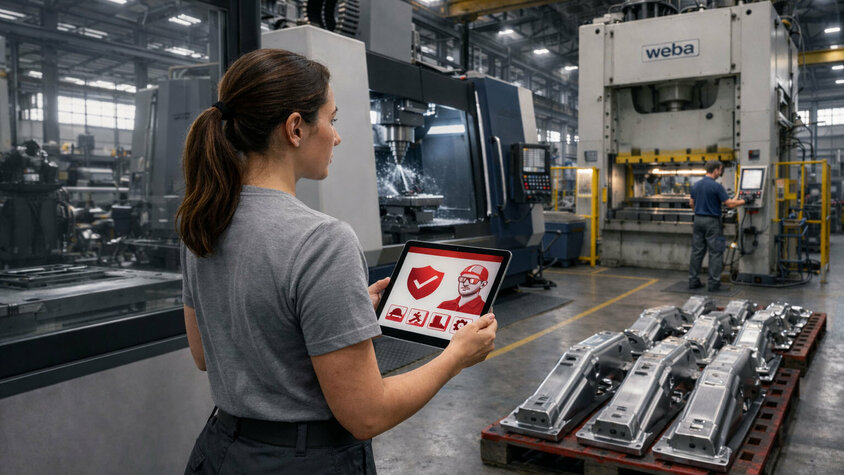 Mitarbeiterin überprüft Prozesse an einer Fräsmaschine in industrieller Produktionsumgebung